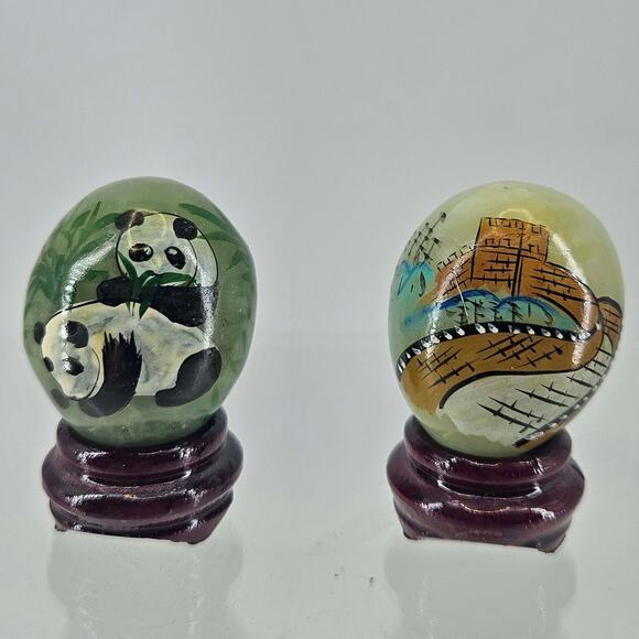 2 Hand Painted Miniature Green Jade Eggs Wooden Stands Panda Great Wall of China - Picture 1 of 5